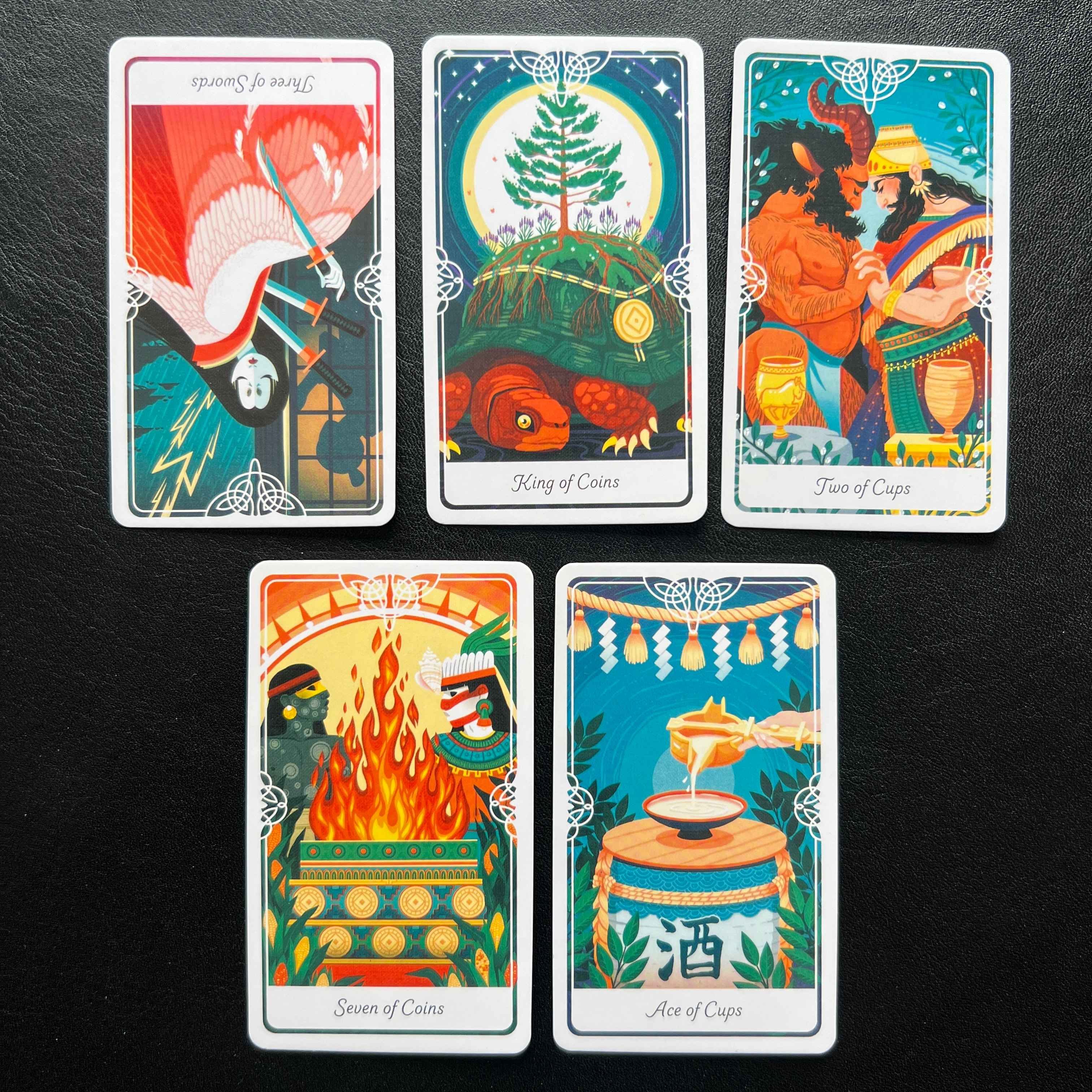 King of Coins, Three of Swords reversed, Two of Cups, Seven of Coins, Ace of Cups