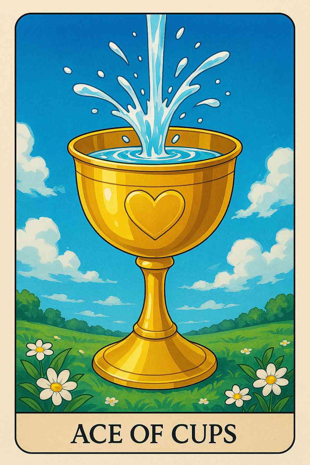 Ace of Cups tarot card with an overflowing chalice, symbolizing first month love theme.