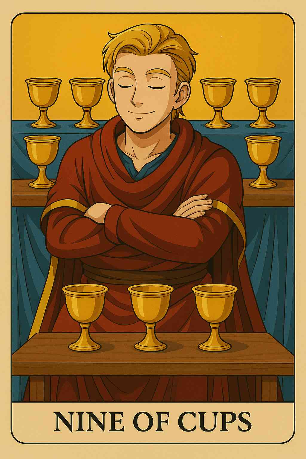 Nine of Cups tarot card with a satisfied figure surrounded by cups, symbolizing personal desires in a relationship compatibility reading.
