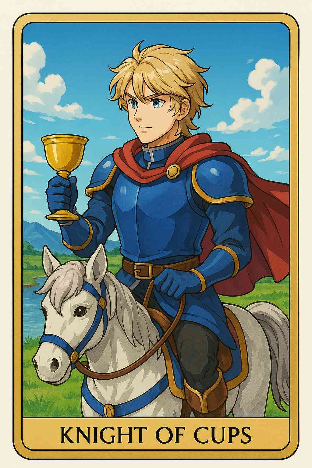 Knight of Cups tarot card with a romantic rider offering a cup, symbolizing partner desires in a tarot spread for couples.
