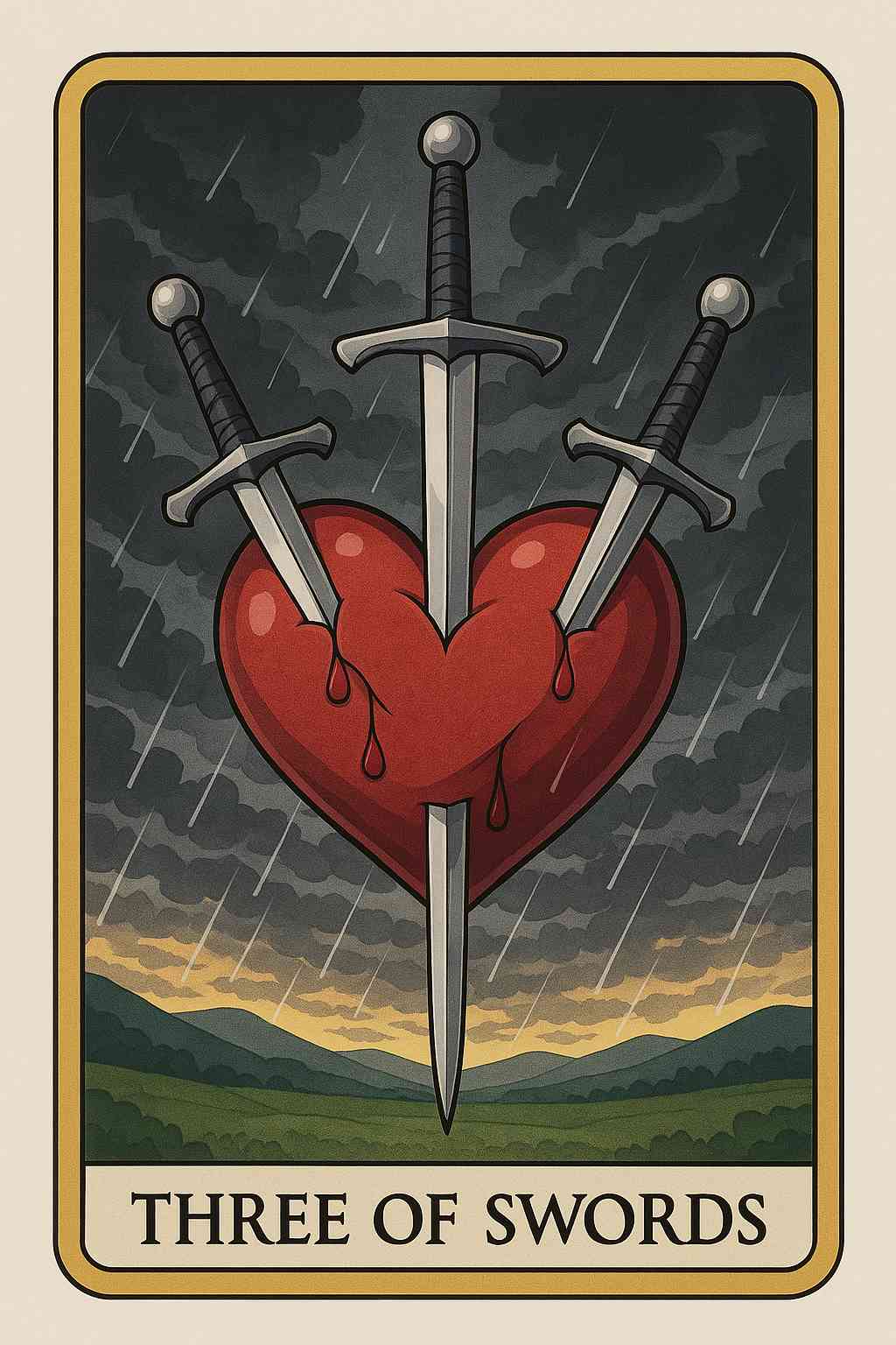 Three of Swords tarot card with a pierced heart, symbolizing emotional love block.