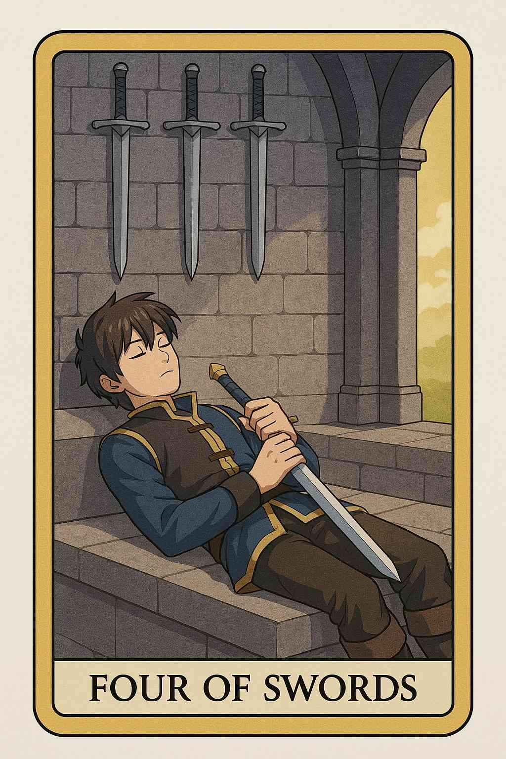 Four of Swords tarot card with a resting knight in meditation pose, symbolizing the healing power of spiritual retreat and contemplative action.