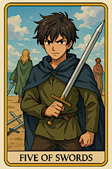 Five of Swords card showing a stormy scene, representing challenges and disputes.