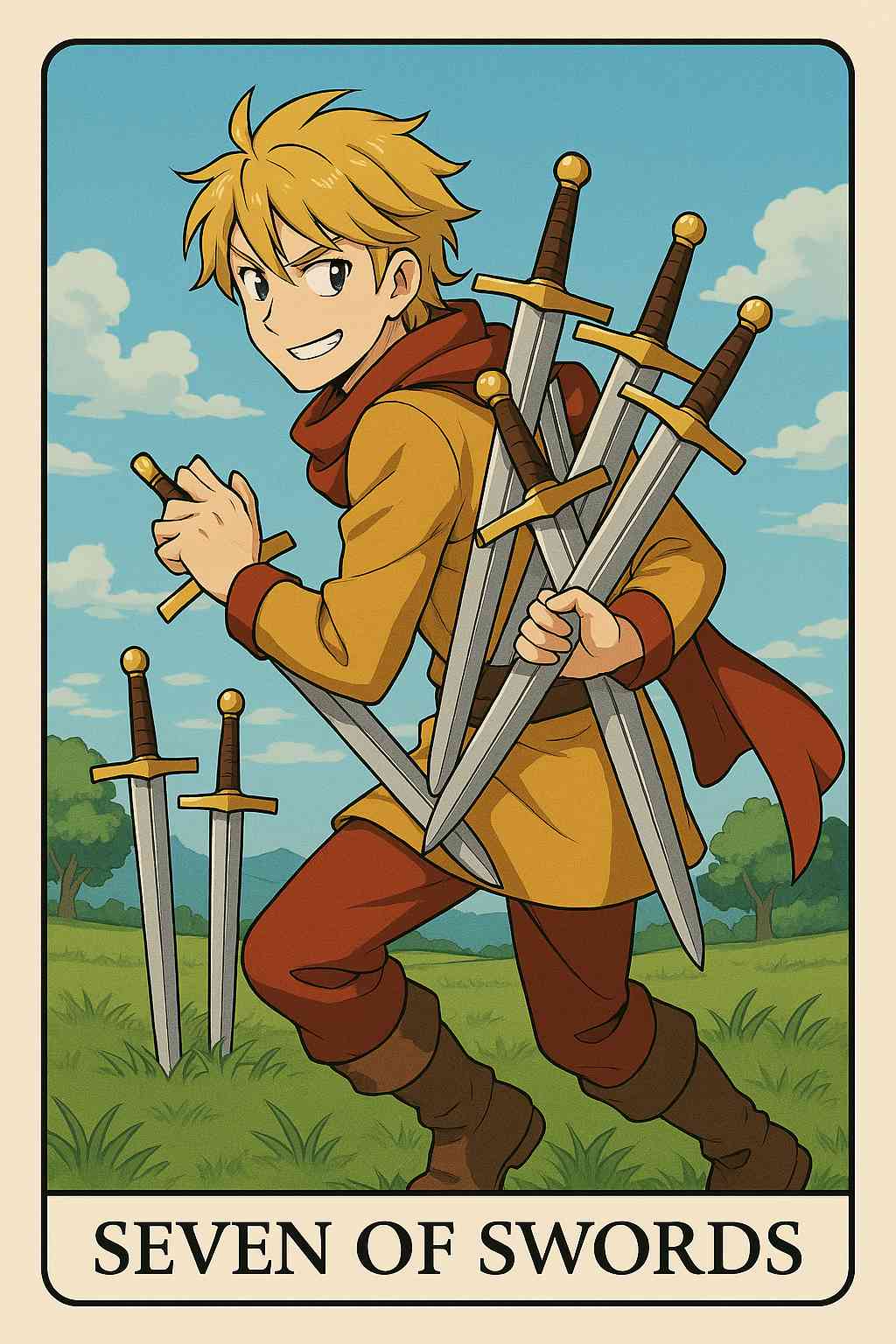 Seven of Swords tarot card with a figure sneaking away, symbolizing deceit or avoidance.