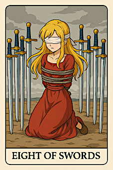 Eight of Swords card showing restriction, representing love obstacles.