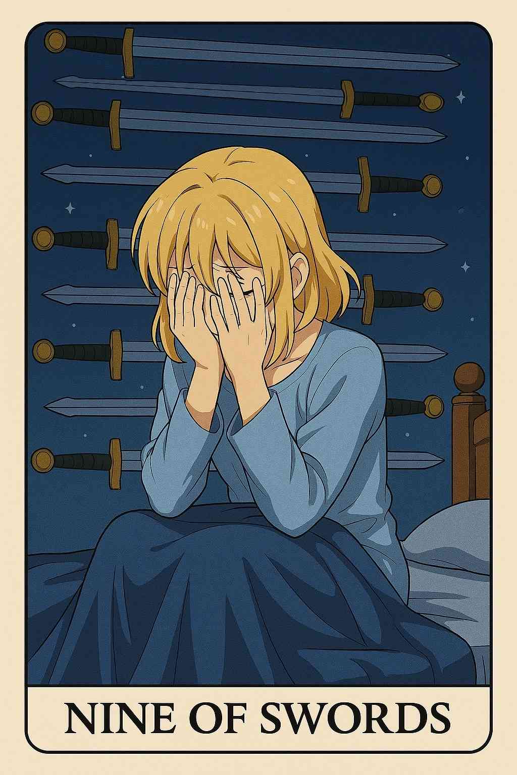 Nine of Swords tarot card with a figure in distress, symbolizing fear and anxiety.