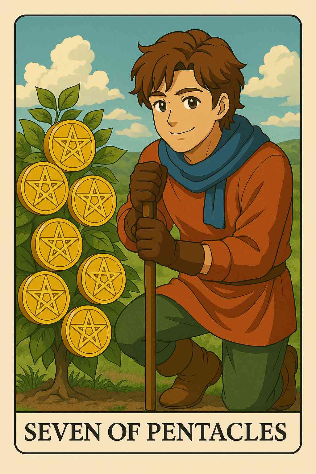Seven of Pentacles tarot card showing a figure contemplating harvested pentacles, symbolizing patience, investment, and evaluation in the You position.