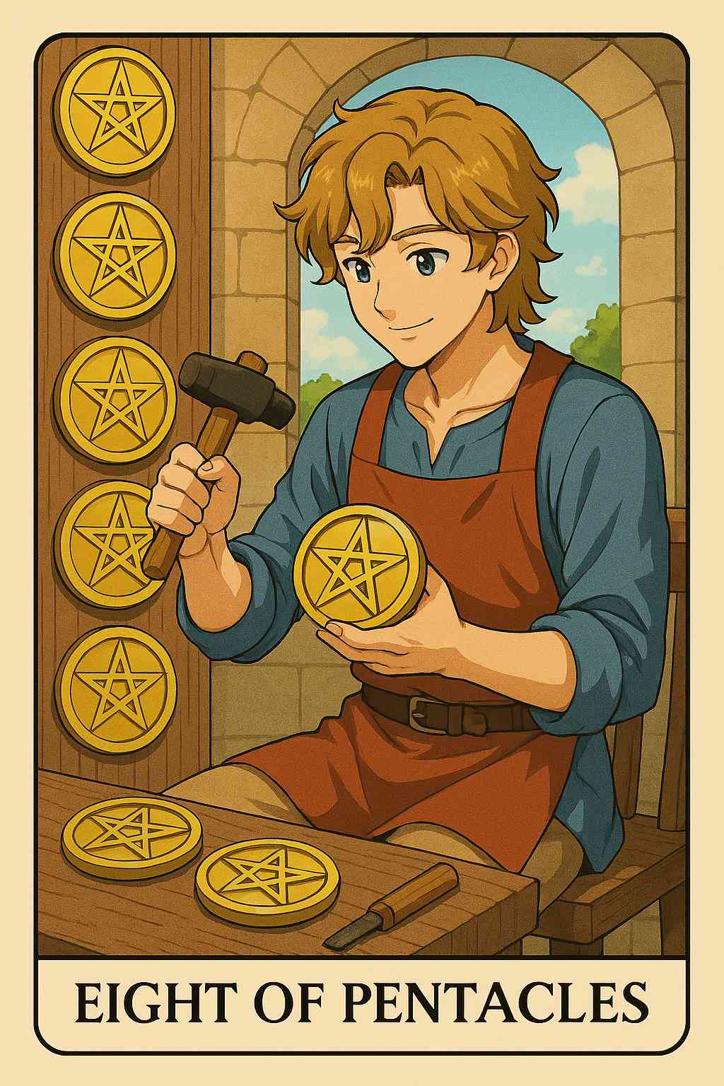 Eight of Pentacles tarot card with a craftsman working, symbolizing effort and growth.