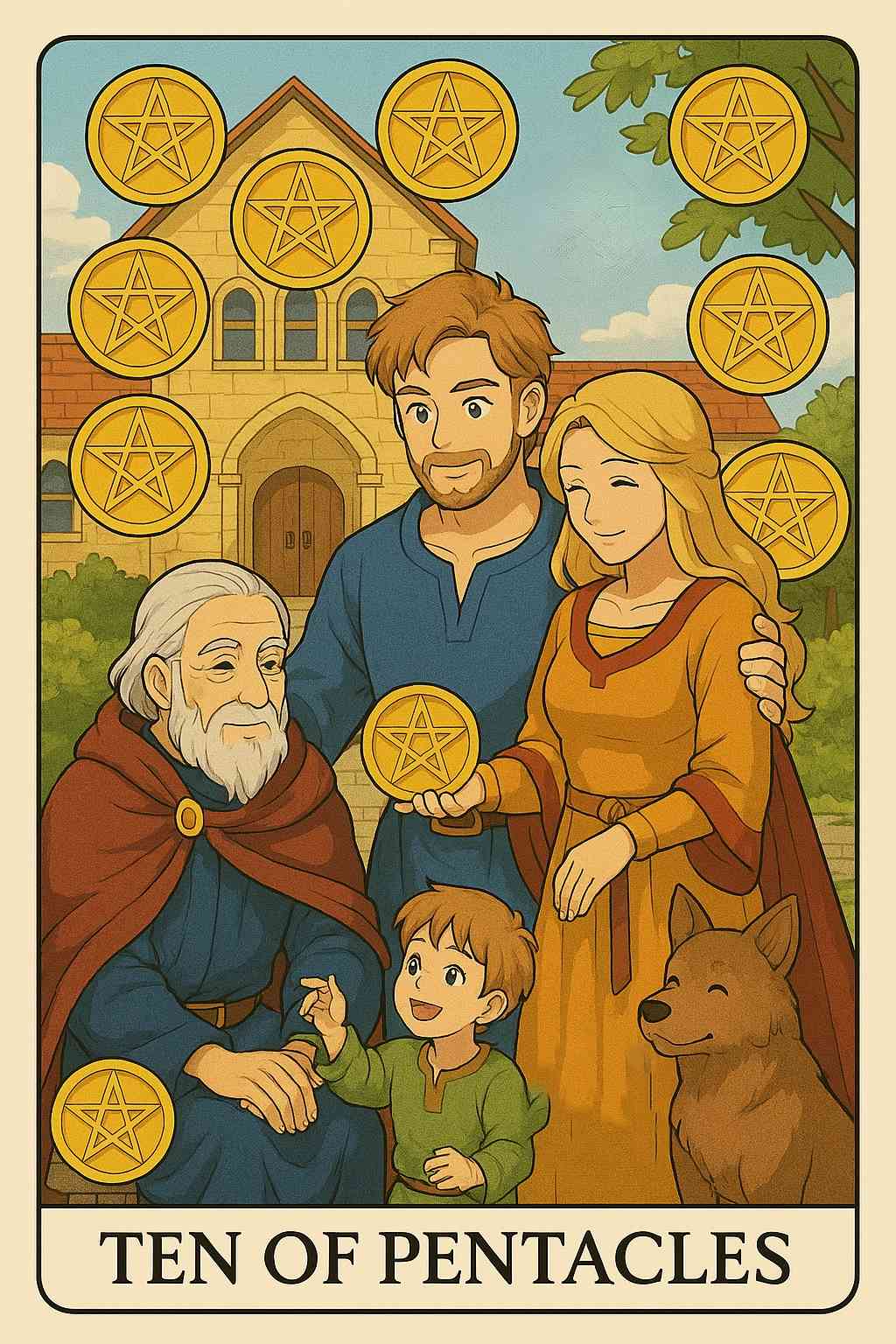 Ten of Pentacles tarot card with a family and coins, symbolizing wealth and legacy.