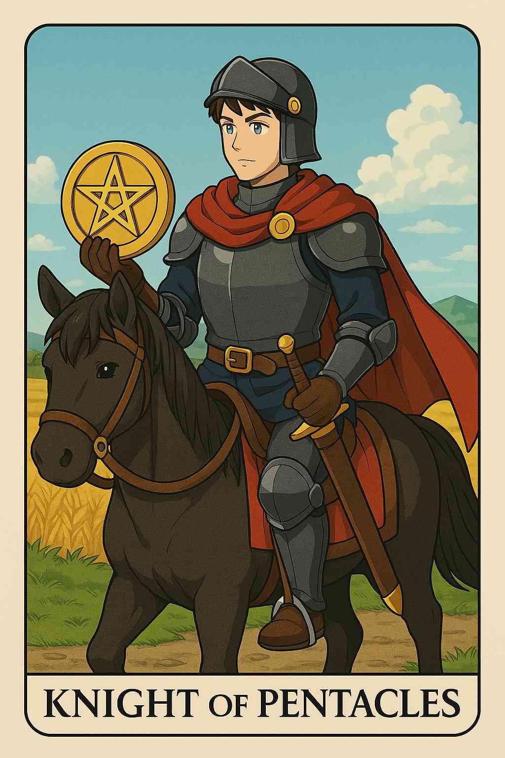 Knight of Pentacles tarot card with a rider holding a coin, symbolizing stability and effort.